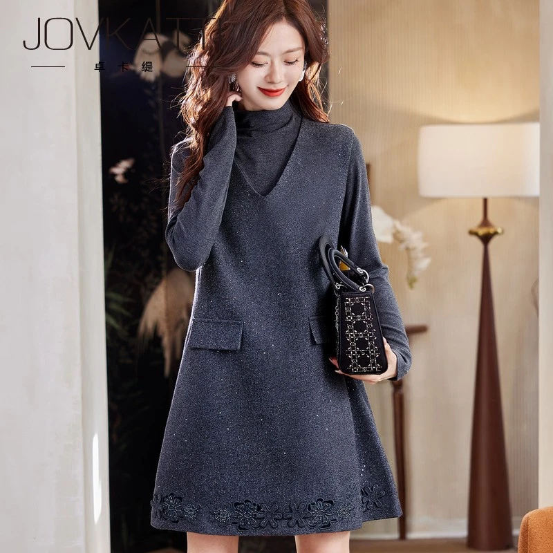 两件套刺绣亮片连衣裙2025冬季气质韩系老钱风简约背心裙