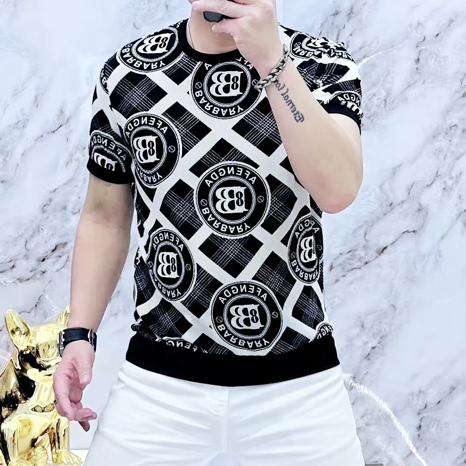 2025夏季新款男士轻奢镂空短袖潮流个性休闲百搭字母T恤25A32