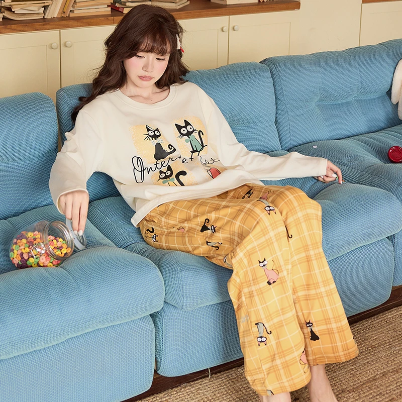 【带胸垫】花丛丽影秋季纯棉家居服女宽松休闲卡通格子甜美可爱睡衣