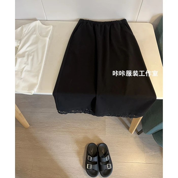 REKAYYAT“翩翩”韩版复古时尚洋气显瘦减龄花边开衩纯色半身裙