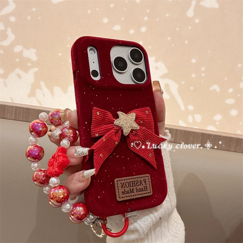 新年毛呢蝴蝶结适用于苹果17promax手机壳iPhone17Pro/16链条15女
