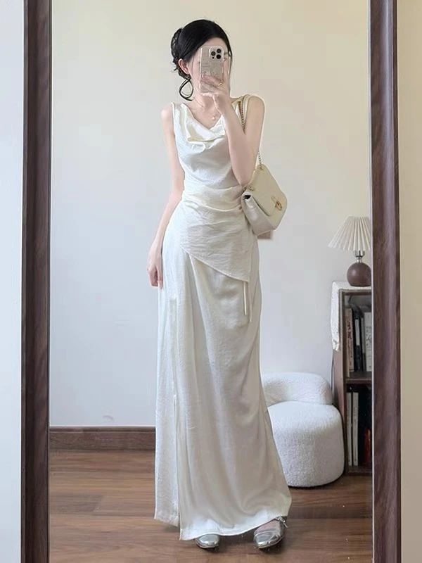 褶皱不规则白色背心套装女夏季新款韩系收腰荡领上衣半身裙两件套