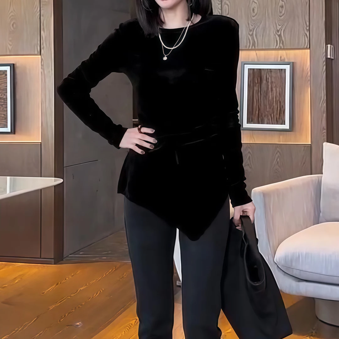 高级轻奢不等式丝绒打底衫修身显瘦纯色长袖T恤女秋冬保暖上衣