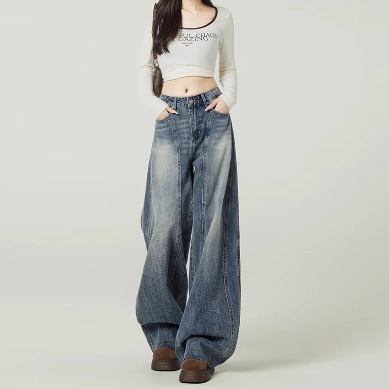 复古蓝高街宽松阔腿牛仔裤女2025春新款美式设计感高腰垂感弯刀裤