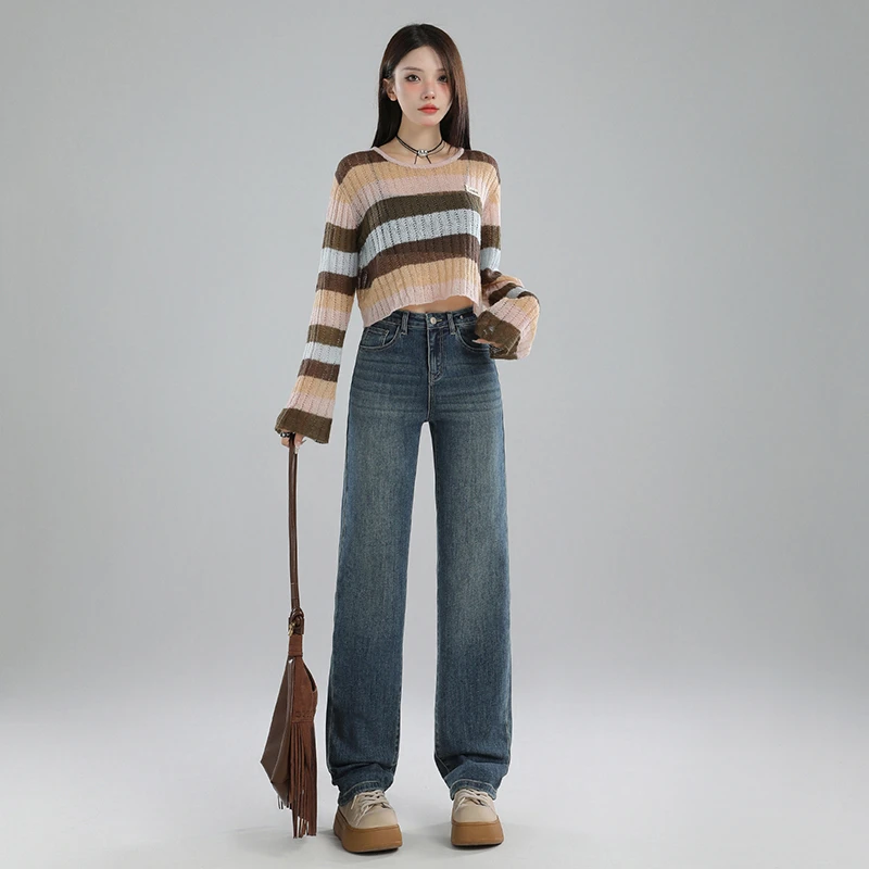 小众窄版直筒裤垂感百搭修身显瘦牛仔裤女2025秋季新款高腰复古蓝