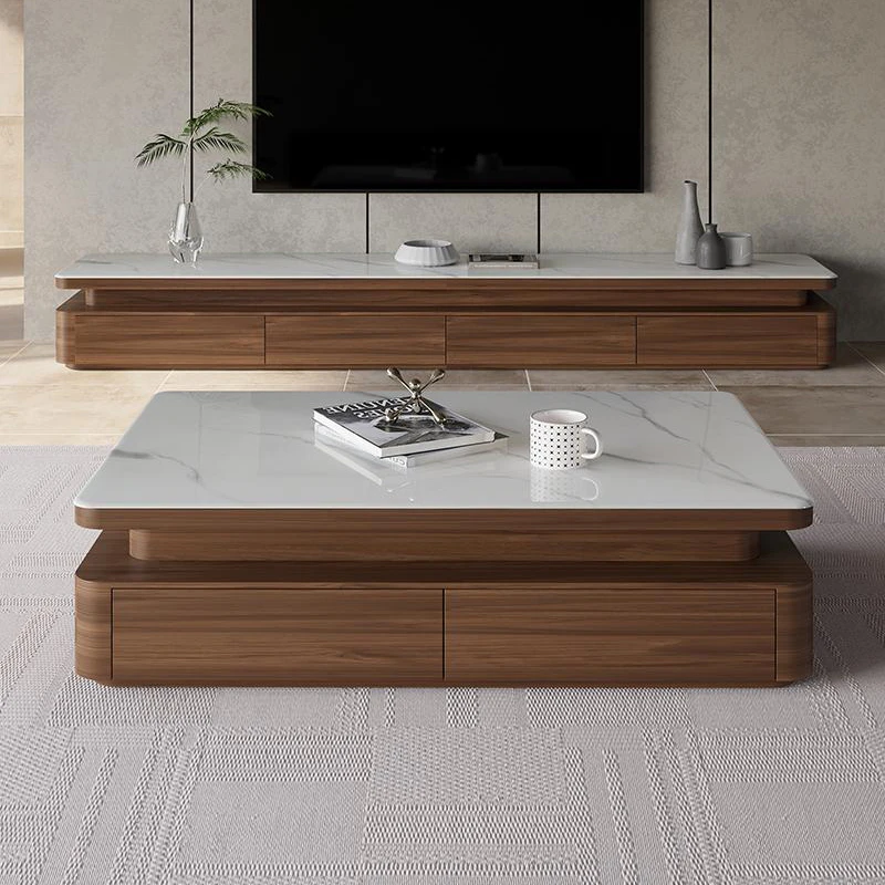 胡桃色微晶石岩板茶几客厅家用小户型中古风高级感茶几电视柜组合