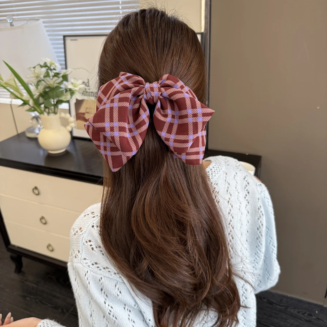 新款高级质感红色格子超大蝴蝶结高马尾抓夹4662