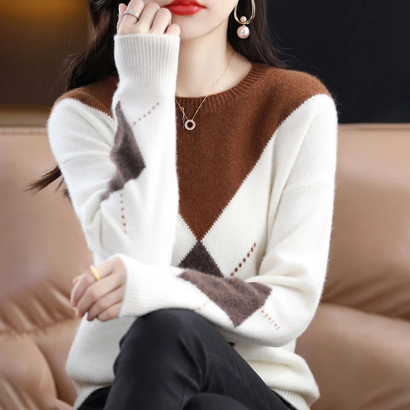 菱形厚款圆领保暖发热提花衫女装洋气毛衣针织   纯小羊羔毛