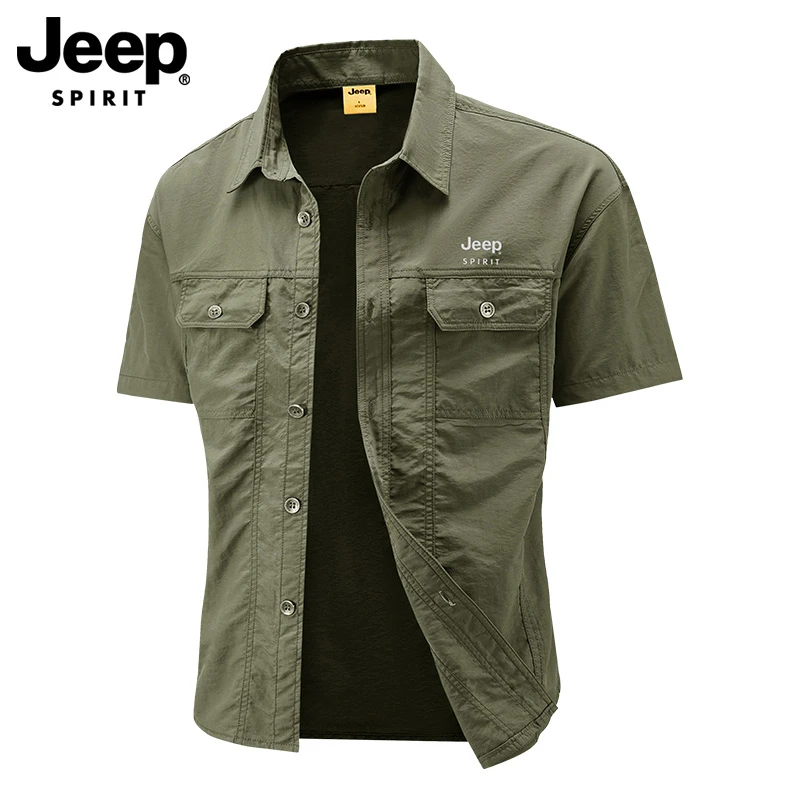 JEEP吉普短袖衬衫男时尚宽松工装上衣潮流港风夏季户外上装衬衣男