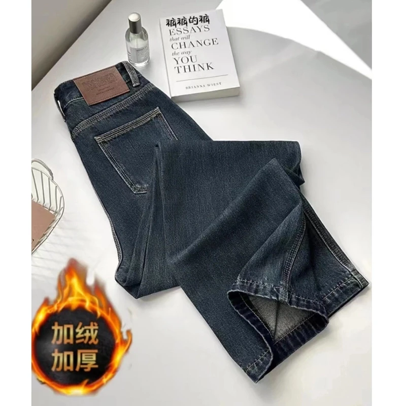 加绒直筒牛仔裤女2024冬季新款窄版显瘦高腰宽松休闲百搭小个子