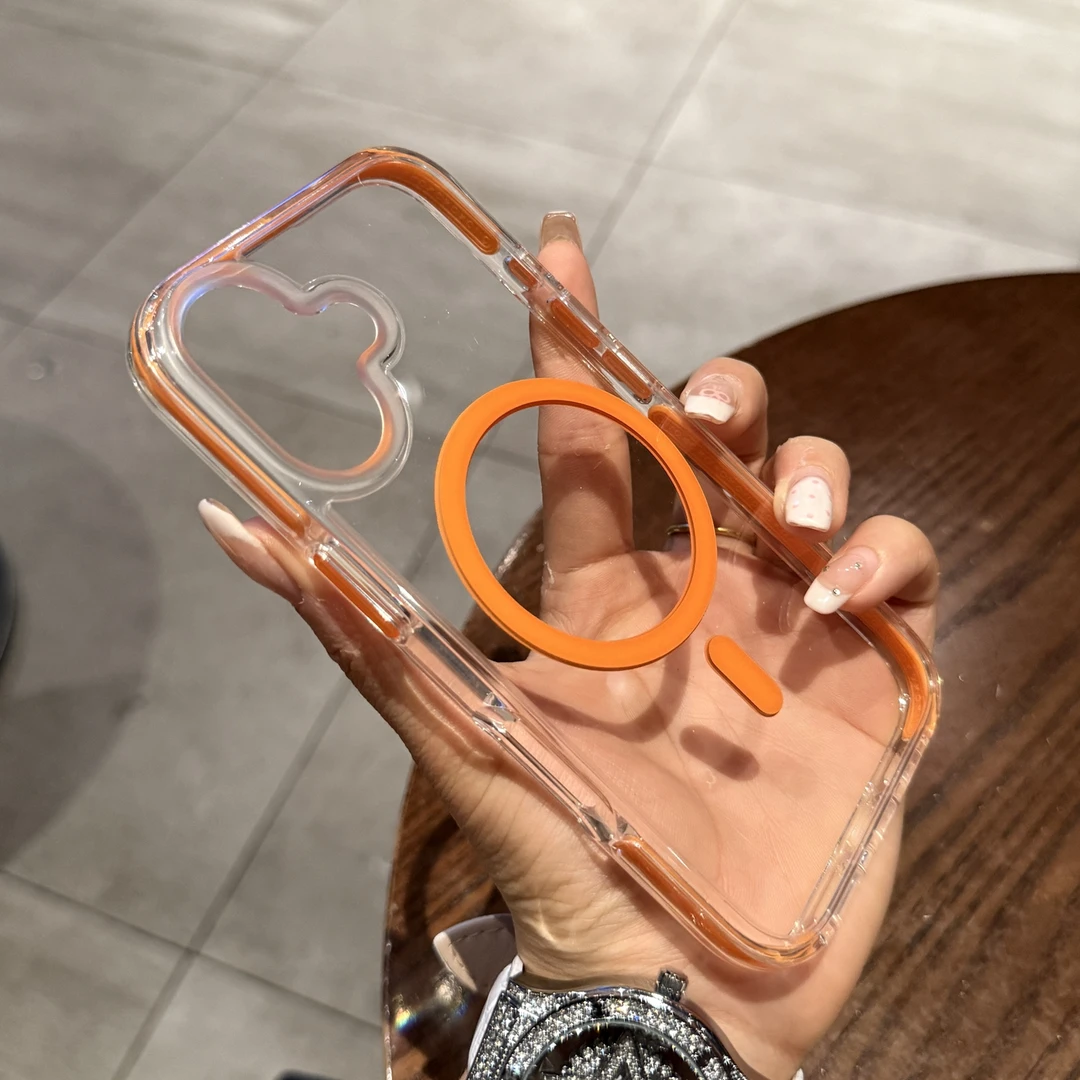 高档橙透明磁吸厚边防摔适用苹果16pro手机壳ins风实用数码小配件
