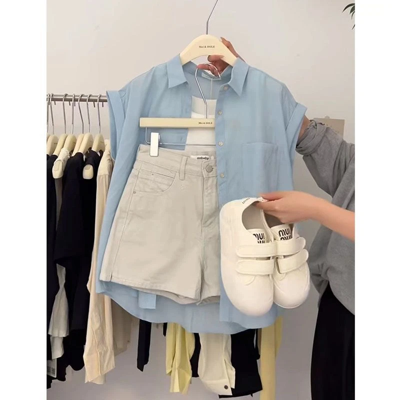 夏季时尚穿搭一整套女2025新款韩版背心百搭衬衫高腰牛仔短裤套装