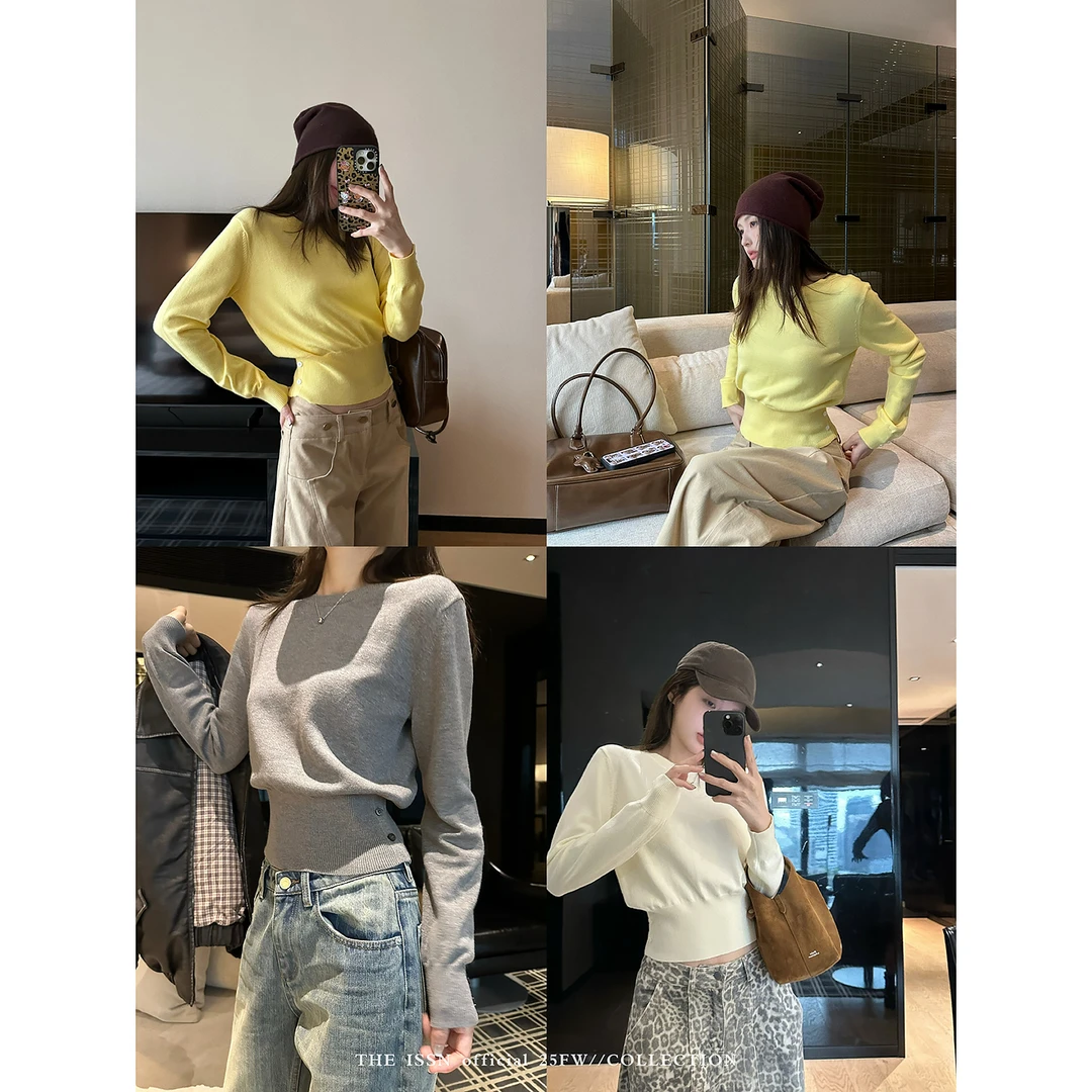 THEISSN宁司 圆领收腰套头针织衫女秋季软糯百搭上衣 01533