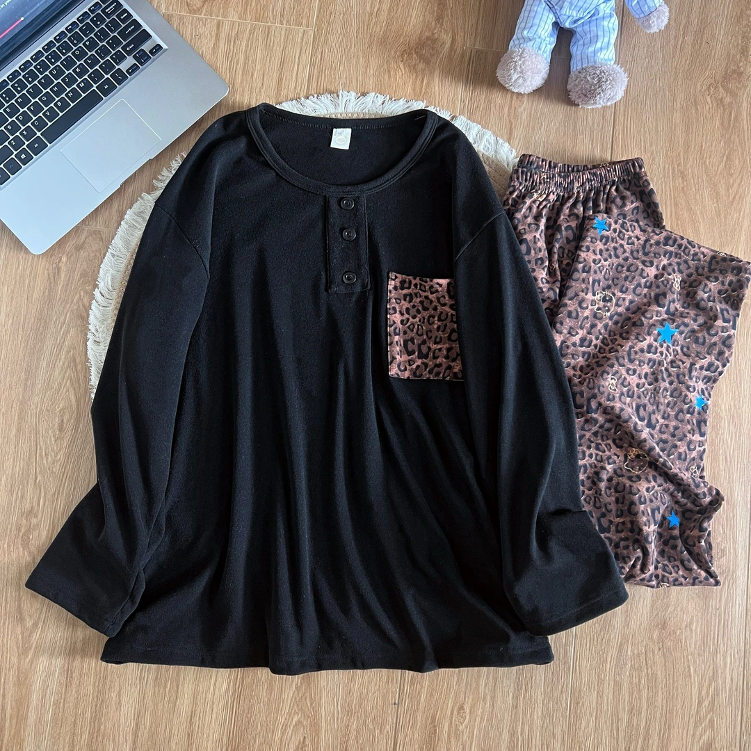 加肥加大家居服女豹纹秋冬睡衣女德绒保暖胖mm宽松圆领简约250斤