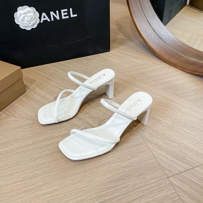 夏季新款百搭时尚一字带凉拖粗跟透明香槟色高跟凉鞋女舒适25059