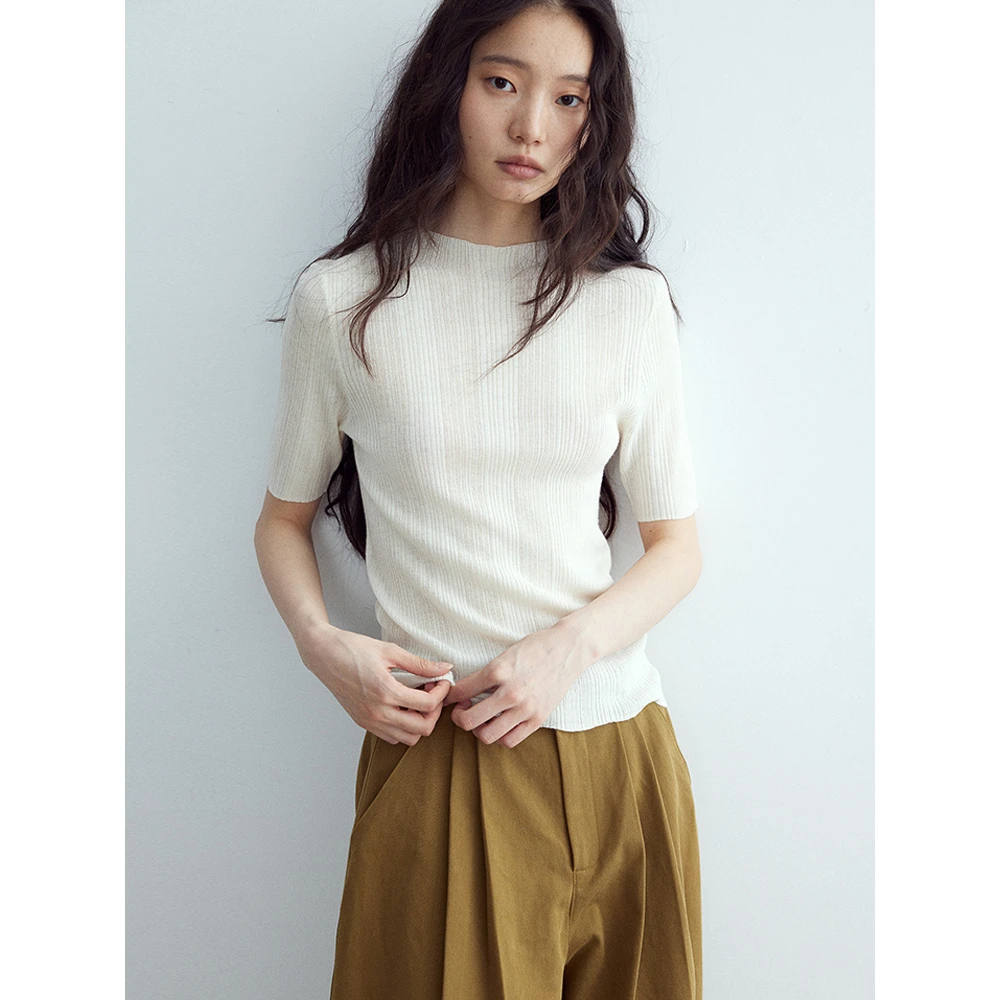 法式早春款休闲半高领百搭坑条气质短袖针织衫优雅纹理感修身上衣