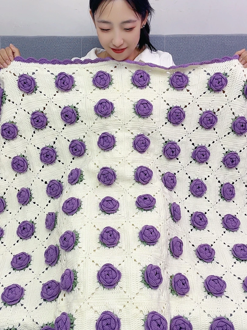 娇娘手工编织山茶花盖毯长方形正方形毛线材料包手工diy钩针花束