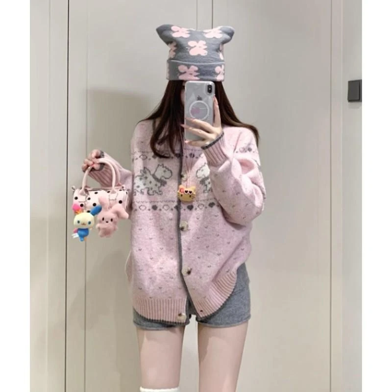 z0氛围感费尔岛毛衣外套女秋季小狗提花针织开衫软糯上衣