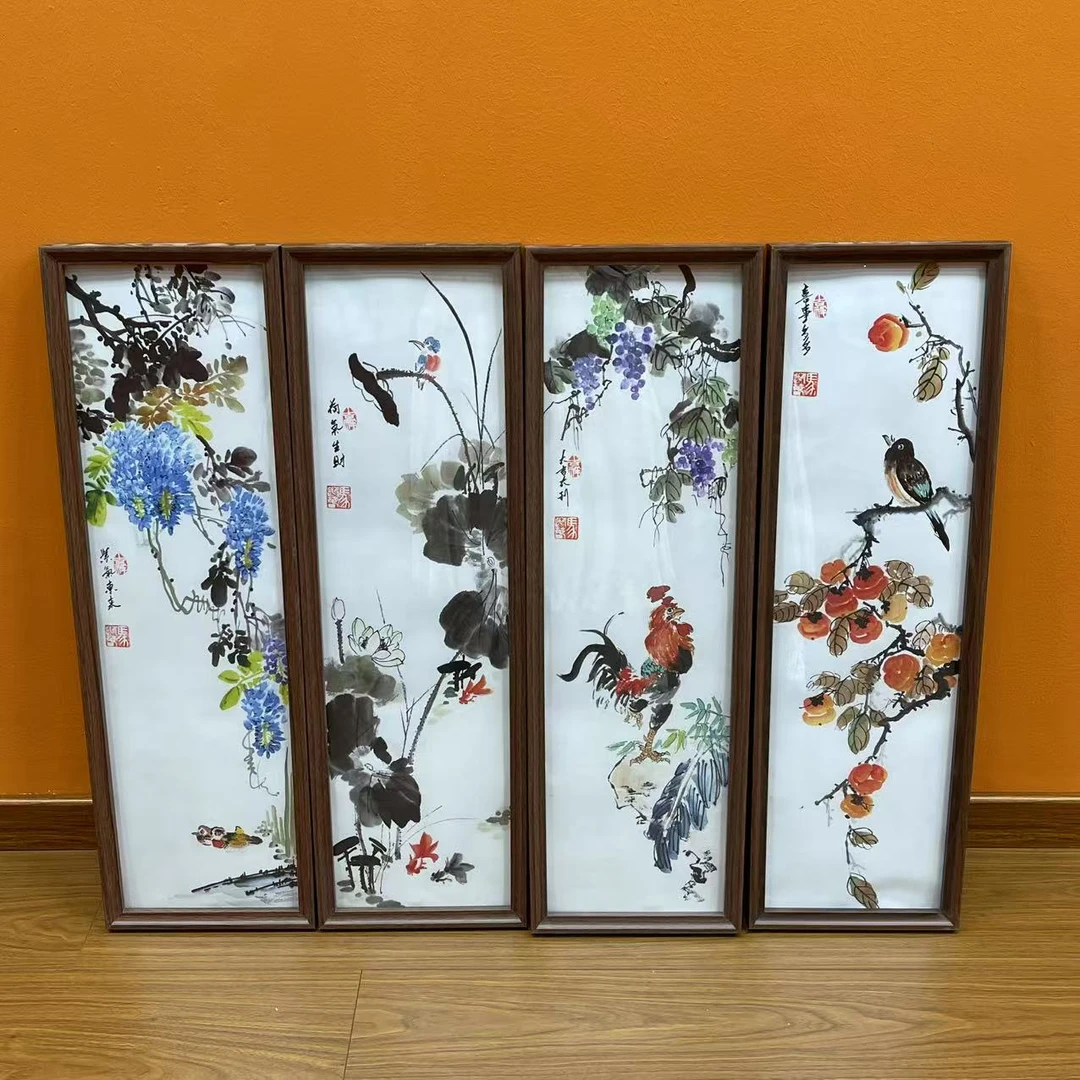 马迎春《花鸟四条屏》带框 国墨堂