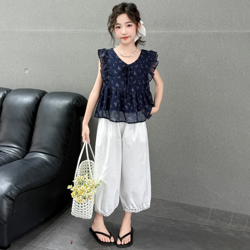 女童飞袖娃娃衫套装2025夏季新款女大童荷叶边衬衫九分裤两件套