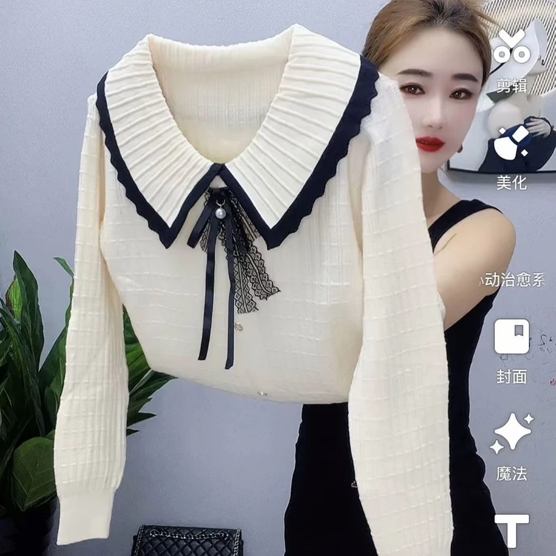 法式娃娃领女士秋冬季新款套头气质休闲洋气针织毛衣内搭上衣打底