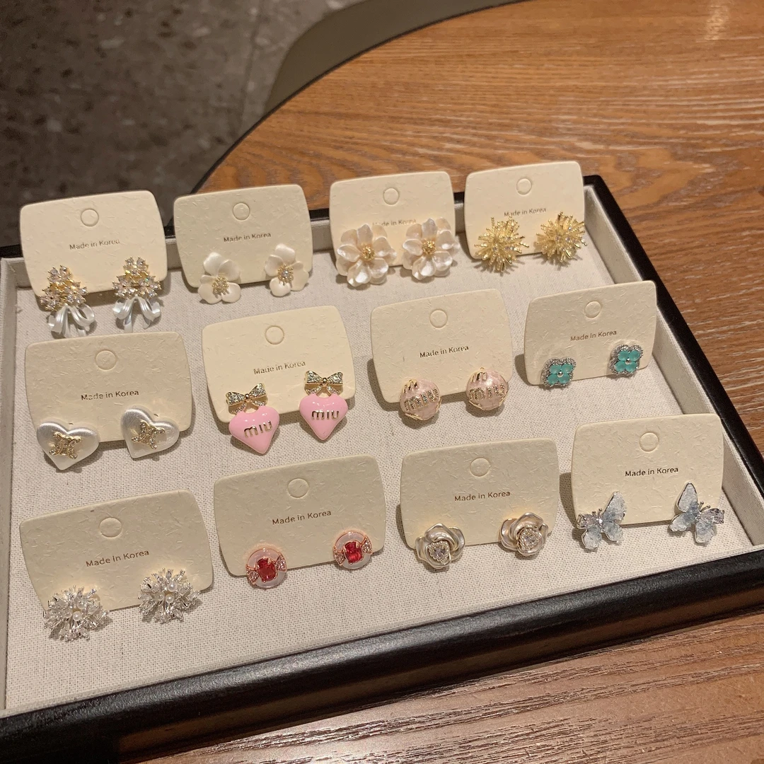 铜合金锆石耳饰 春天的颜色法式感花朵甜美长款耳钉小众气质耳环