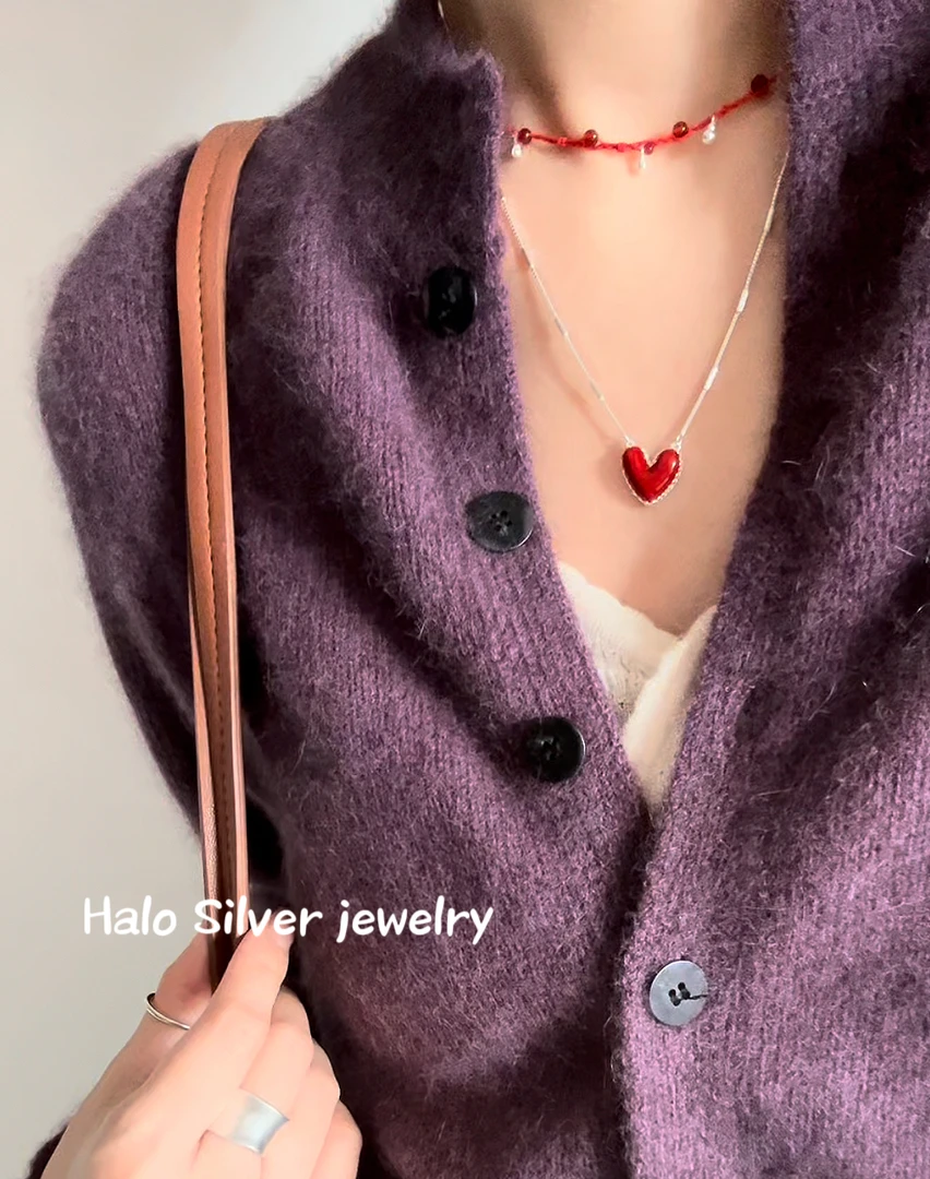 坠链均925银 新年红色爱心项链925纯银项链韩版简约小众买手款