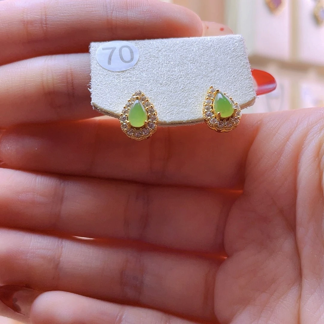 和田玉耳饰银S925镀金镶嵌