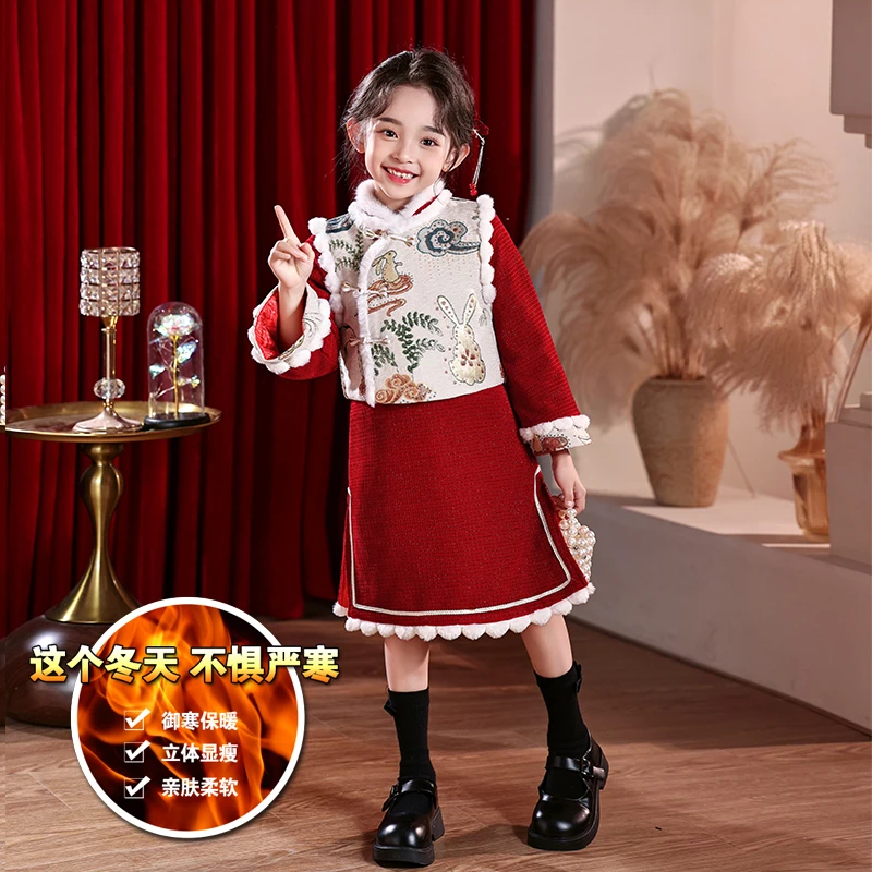 7813女童冬款加厚夹棉中国风儿童装唐装软糯旗袍保暖连衣裙子