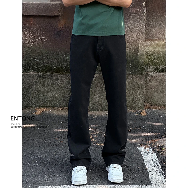 Entong潮牌美式vibe裤子黑色宽松水洗微喇牛仔裤男生显瘦直筒裤子