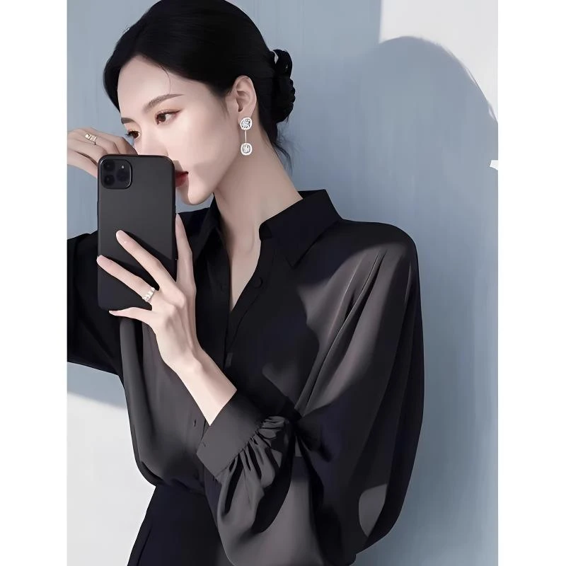 法式黑色高级感长袖衬衫女早秋时尚通勤轻奢洋气显瘦百搭气质上衣