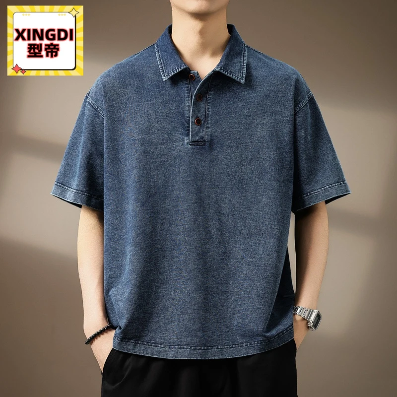 高端美式复古短袖牛仔Polo衫男夏季潮牌宽松大码透气休闲五分T恤