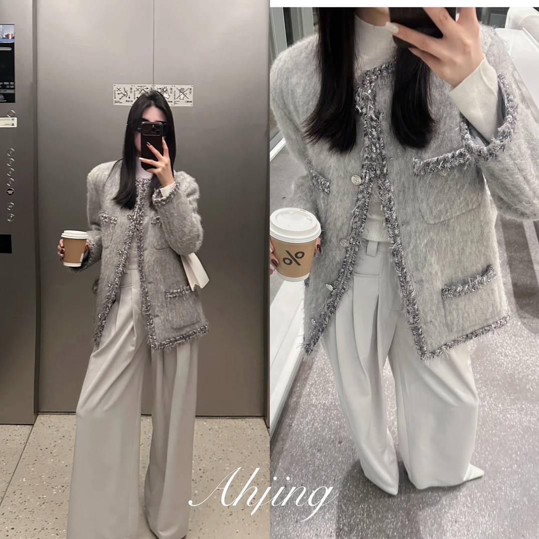 银币小香小众羊毛高定短款外套气质毛呢鹅绒服0002