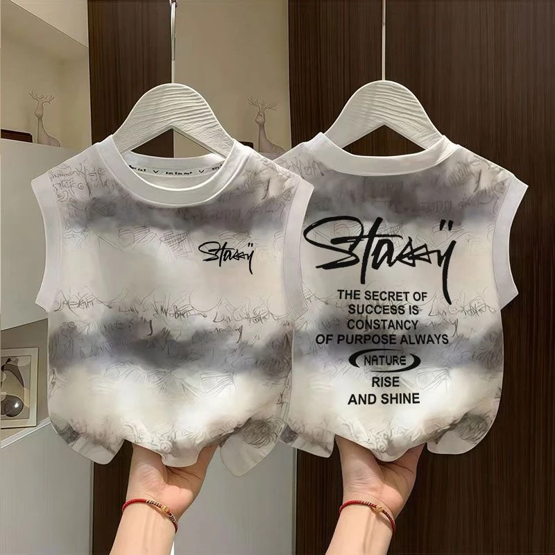 2025爆款美式字母印花T恤儿童夏日清凉小背心男童韩洋气薄款上衣t