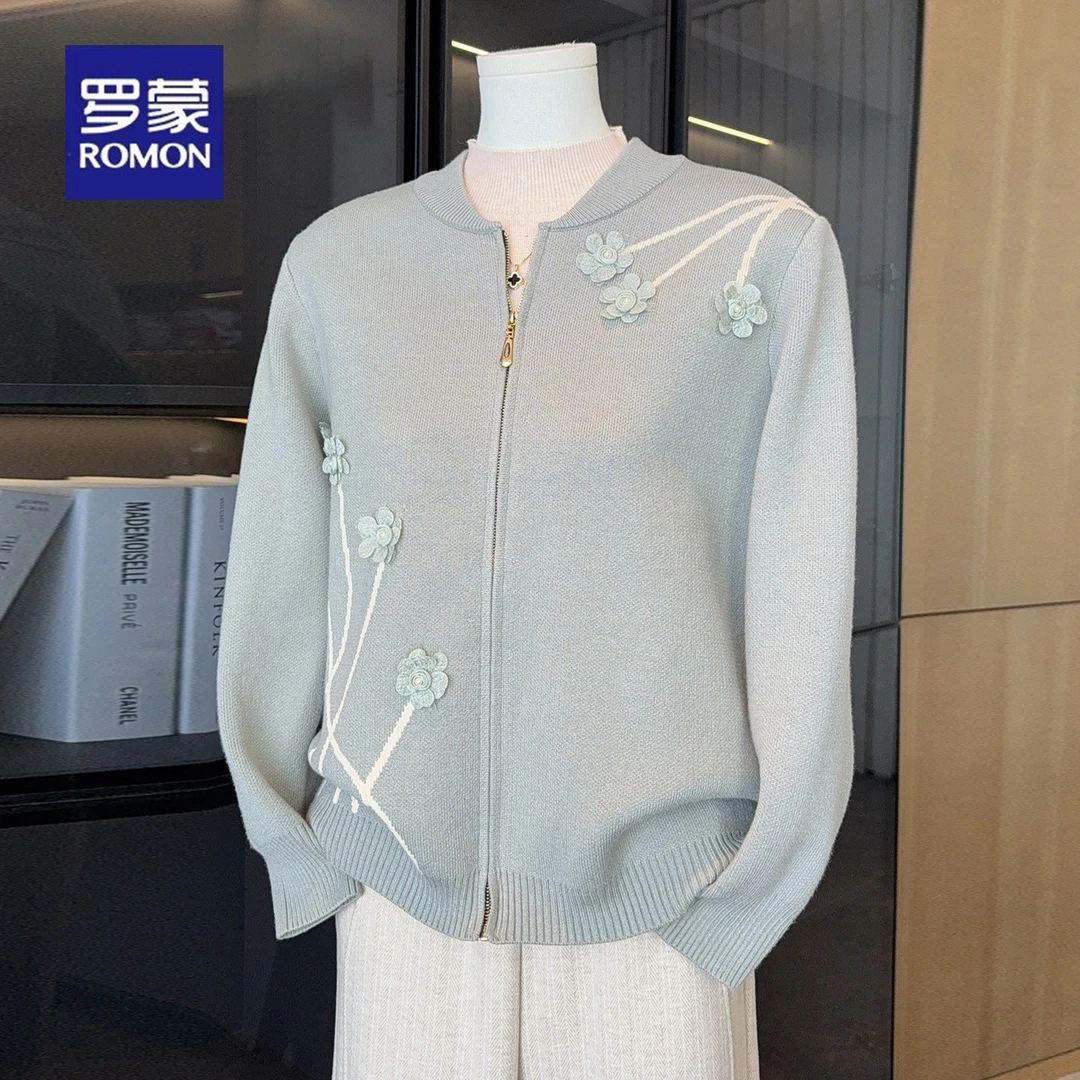 罗蒙洋气妈妈秋装针织上衣2025新款中老年人女装大码拉链毛衣开衫