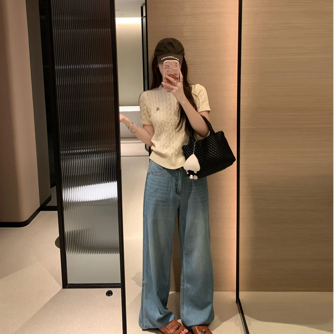 美式复古麻花短袖针织衫女夏季新款辣妹慵懒风圆领T恤短款上衣ins