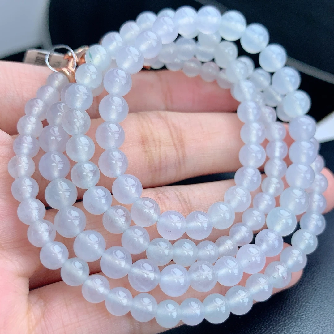 缅甸A货翡翠白冰项链珠链圆珠多圈长串T卡5-6.5mm