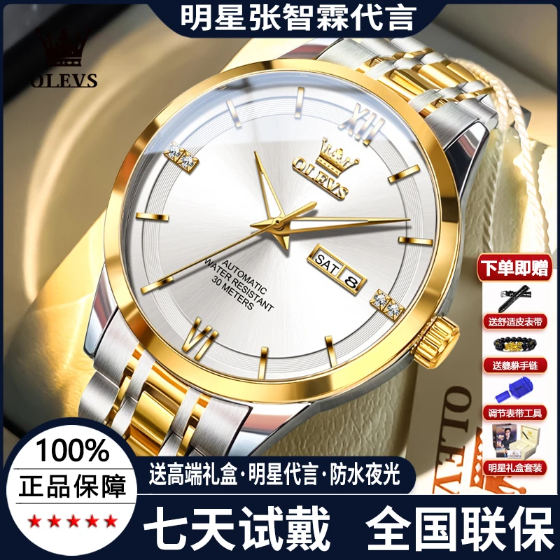 瑞士新款正品牌男士全自动机械表防水商务简约双日历夜光防水腕表