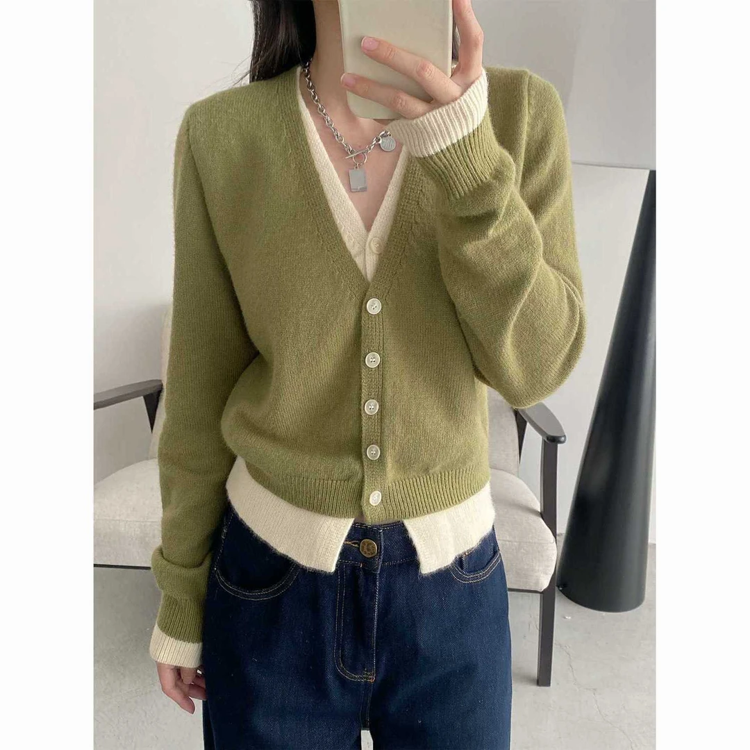 韩系灰色假两件毛衣女2025年春秋新款针织开衫上衣慵懒设计高级感