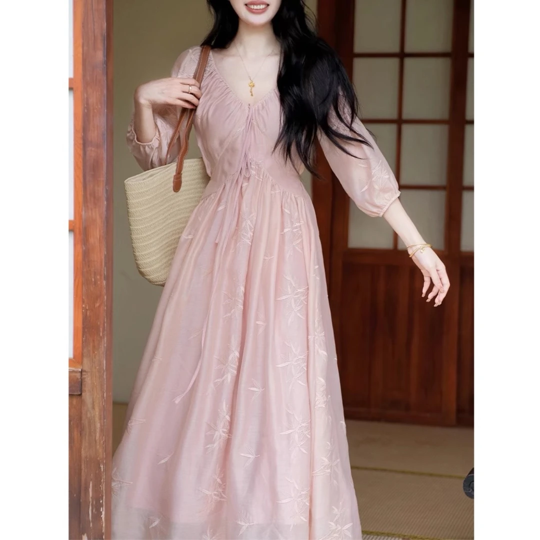 【现货竹意刺绣v领粉色贰夏收腰羊】新中式连衣裙】TYANG【国风女