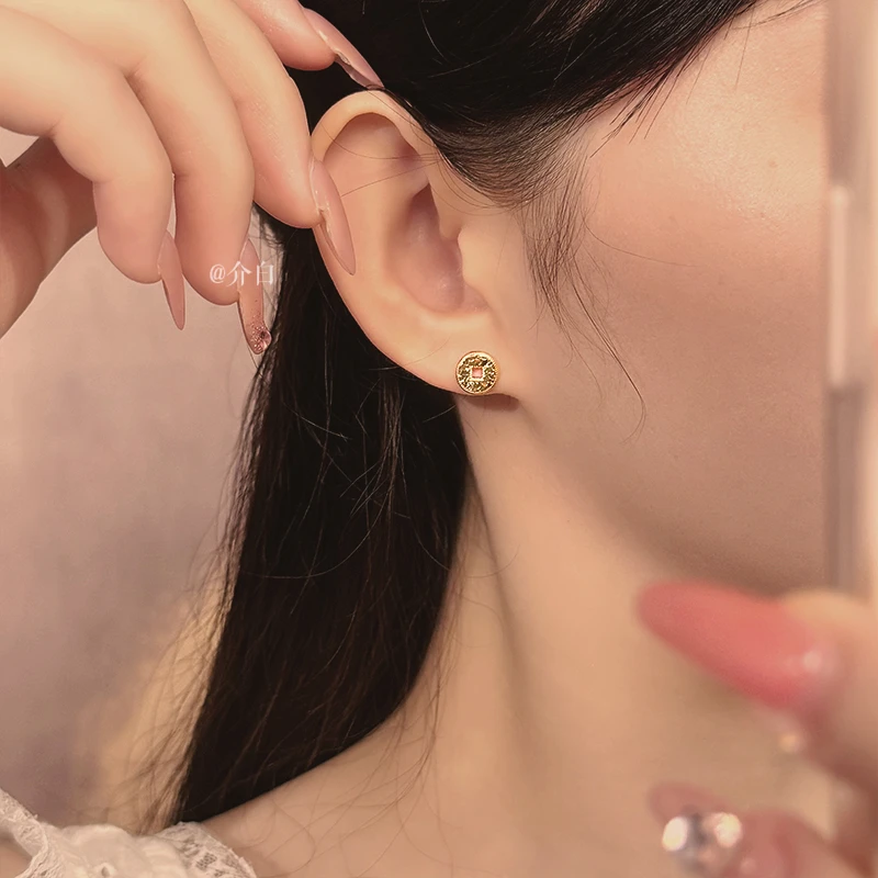 铜合金耳饰 少女风可爱几何饰品法式ins女简约风金色耳钉个性