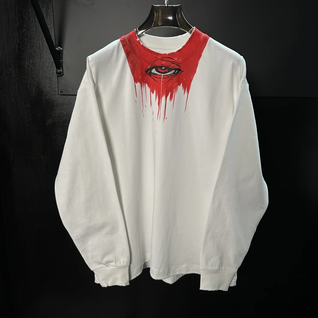 【冷目潮物质】手绘定制赤瞳血痕重磅宽松做旧T恤圆领400g长袖