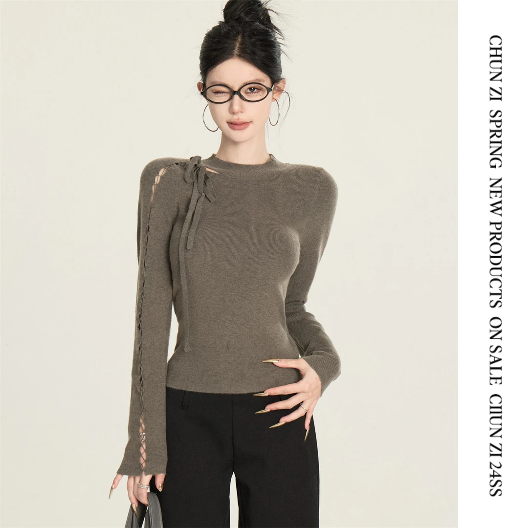 【CHUN ZI】设计感镂空绑带打底衫女秋季2024长袖修身内搭内搭上衣