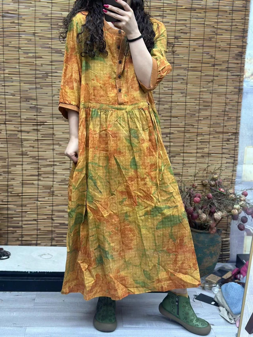 HY    黄色半开扣印花连衣裙