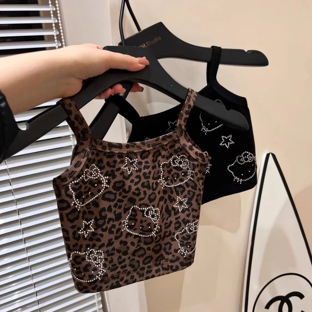 女童甜辣风豹纹印花小背心宝宝烫钻短款修身洋气儿童露背吊带上衣