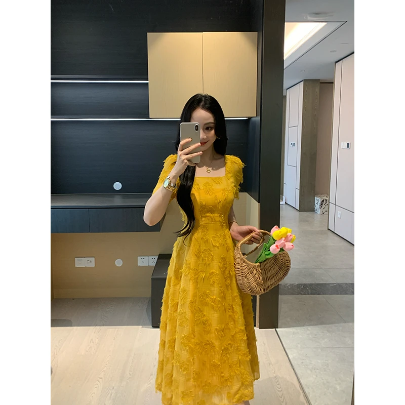 XINYI【温柔可视】夏季剪花方领连衣裙收腰显瘦气质裙X625Q02772