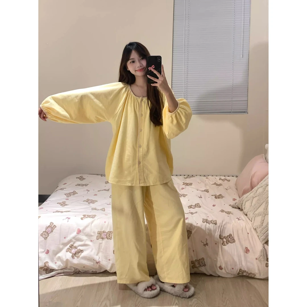 法式简约纯色圆领双面磨毛睡衣女秋冬款2024新款可外穿家居服套装