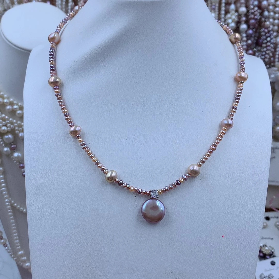 项链银S925镶嵌淡水珍珠静