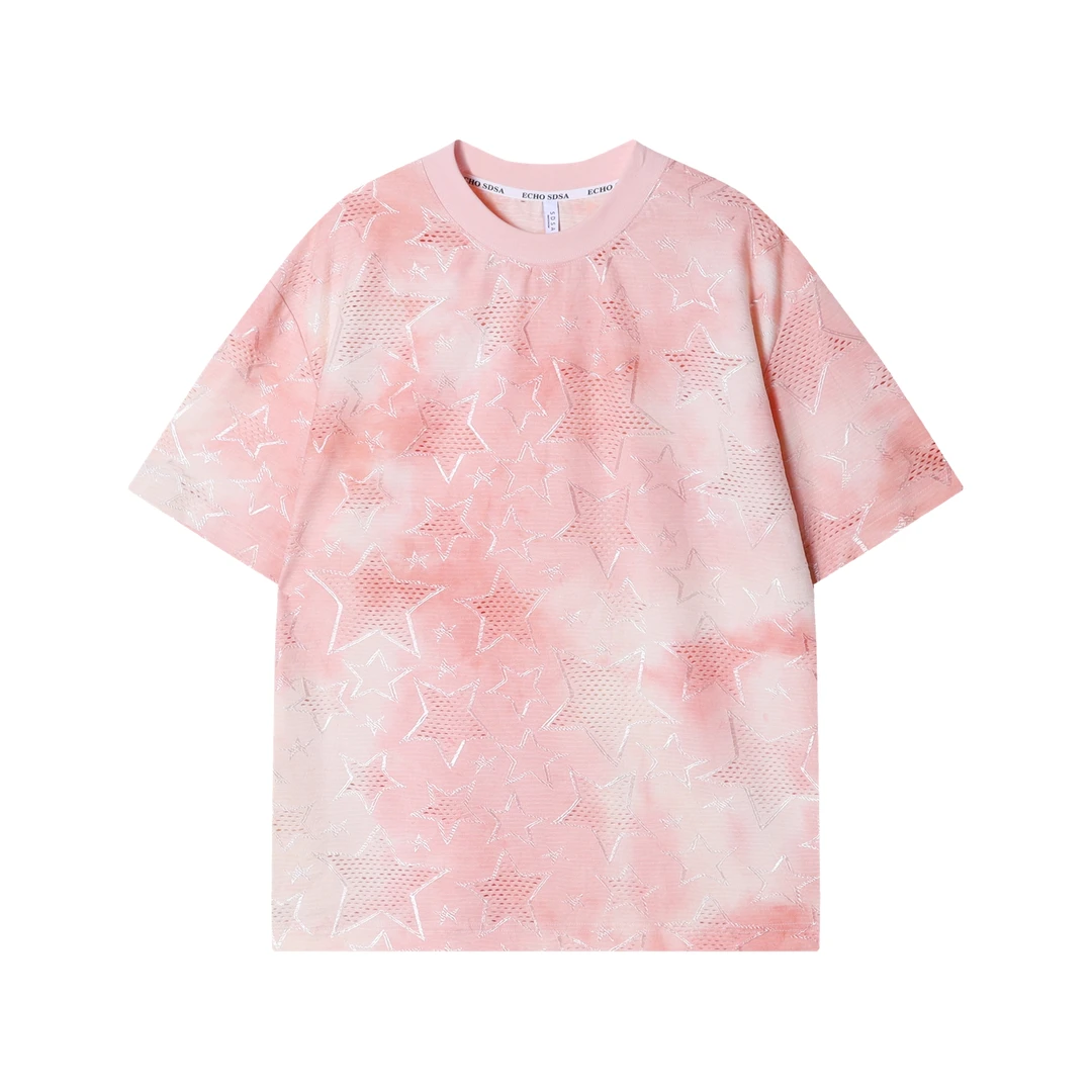 T1610新款时尚星星印花男士短袖百搭镂空设计上衣潮流宽松T恤