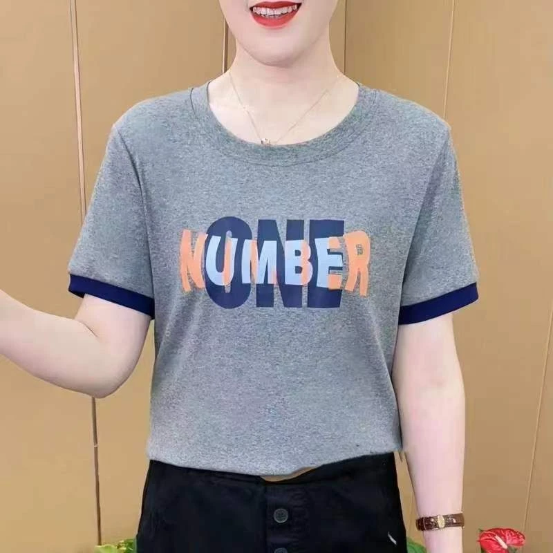 夏季圆领短袖t恤女士薄款上衣宽松洋气大码休闲百搭显瘦时尚小衫